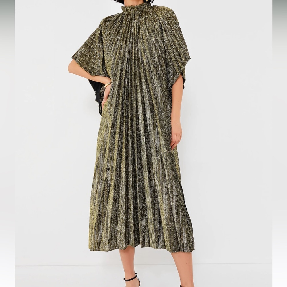 Tuckernuck Metallic Pleated Midi Dress in Gold and Black